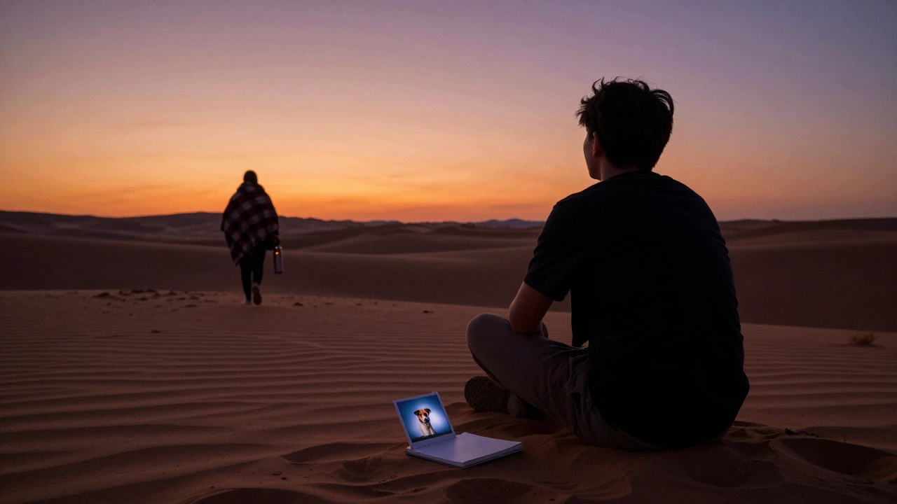 A lone figure on a desert dune at sunset, a distant companion approaching with warmth and care.