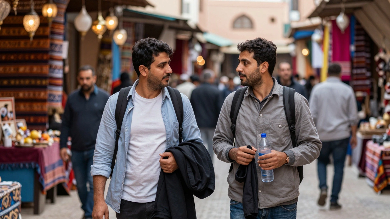 Two travelers move through a vibrant market, one offering water and a jacket in silent support.